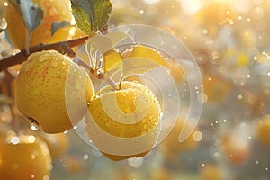 Apples on the tree in the garden in the rays of the setting sun