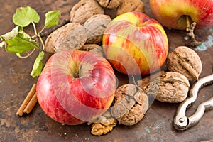 Apples, walnuts and nuts cracker