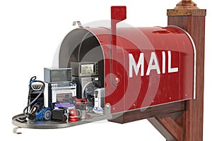 Appliance and electronics delivery concept. Mailbox with household and kitchen appliances, 3D rendering