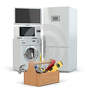Appliance repair. Toolbox and tv, refrigerator, washing machine