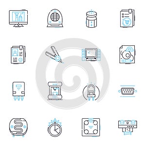 Appliance stock linear icons set. Inventory, Refrigerators, Washers, Dryers, Stoves, Ovens, Dishwashers line vector and