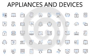 Appliances and devices line icons collection. Mix, Mastering, Equalizer, Compression, Dynamics, Reverb, Delay vector and