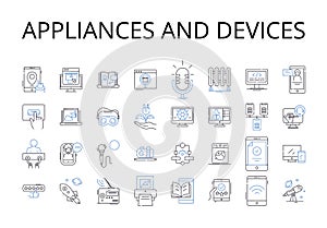 Appliances and devices line icons collection. Tools and gadgets, Items and things, Machines and contraptions, Equipment