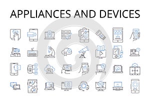 Appliances and devices line icons collection. Tools and gadgets, Items and things, Machines and contraptions, Equipment