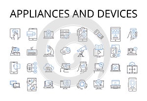 Appliances and devices line icons collection. Tools and gadgets, Items and things, Machines and contraptions, Equipment photo