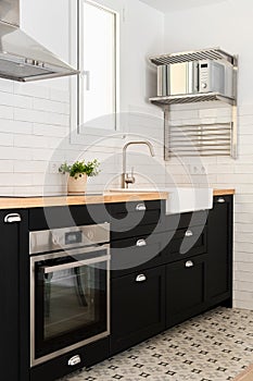 Appliances, sink and cabinets in contemporary kitchen