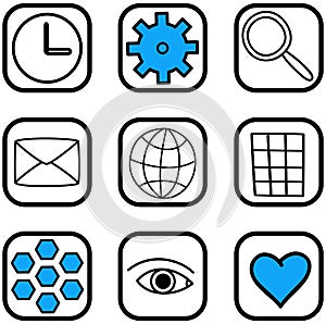 Application buttons with signs isolated on white. Computer or smartphone home screen icons