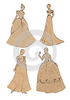 Application of craft paper. Sketch the silhouette of beautiful girls in a ball gown. Isolated on white background