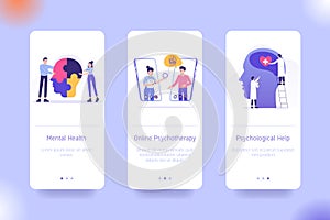 Application design set for Mental Health, Online Psychotherapy and Psychological Help. UI on boarding screens design. Mobile app