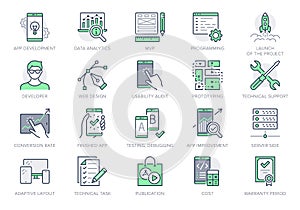 Application development line icons. Vector illustration included icon as mobile software, app ux prototyping, data