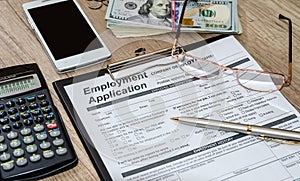 Application for employment with money, calculator
