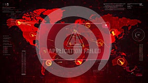 Application failed alert warning attack on screen world map loop motion.