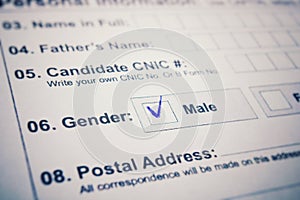 Application form - check male or female. there is a tick on MALE