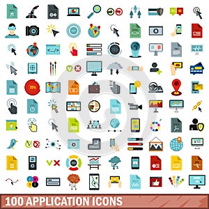 100 application icons set, flat style