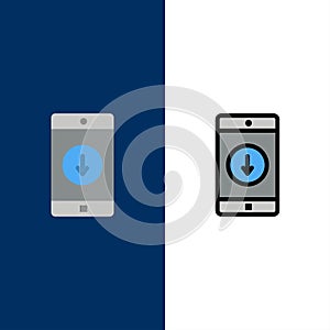 Application, Mobile, Mobile Application, Down, Arrow  Icons. Flat and Line Filled Icon Set Vector Blue Background