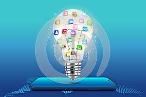 Application on Mobile, smartphone with application icons isolated on bulb light network background as new technology and