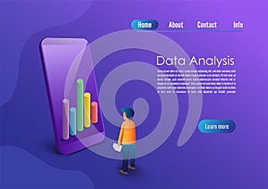 Application of Smartphone with business graph and analytics data on isometric mobile phone. Analysis trends and financial strategy