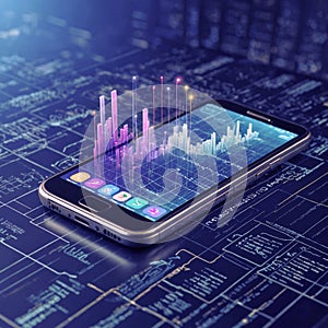 Application of smartphone with business graph and analytics data on isometric mobile phone.