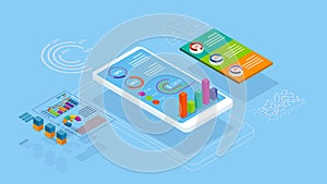 Application of Smartphone with Market trend analysis, business graph, analytics data and Data Visualization. Vector Illustration