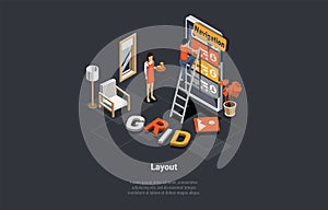 Application For Smartphone And PC With Analytics Data. Man And Woman Analyze Trends, Stats, Software Development