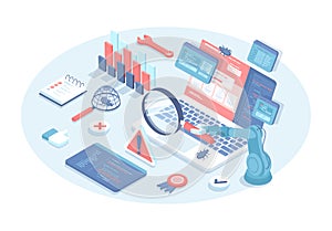 Application software code testing. Software development and debugging. Search for errors and bugs.