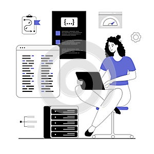 Application and software development, optimization and testing apps. Programmer working with code on screens. Vector