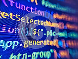 Application source code. Internet security hacker prevention. Application web source code on monitor. Cyber security concept.