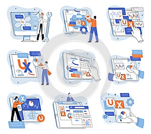 Application testing metaphor. Vector. App test, demo run that prepares app for its final race Software testing