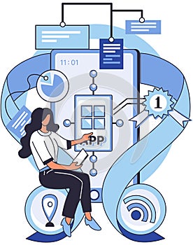 Application testing metaphor. Vector. App test, demo run that prepares app for its final race Software testing