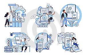 Application testing metaphor. Vector. App test, rehearsal stage before actual performance Software testing, gatekeeper