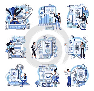 Application testing metaphor. Vector. App test, rehearsal stage before actual performance Software testing, gatekeeper