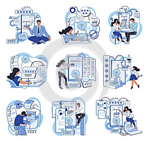 Application testing metaphor. Vector. App test, sandbox for validating apps functionality Software testing