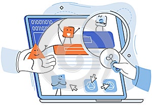 Application testing metaphor. Vector. App test, stress test for gauging apps robustness Software testing, fact-checker