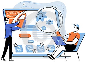 Application testing metaphor. Vector. Application testing, last pit stop before app hits market App test, testing ground