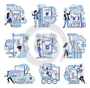 Application testing metaphor. Vector. Application testing, audit that every software must pass App test, endurance test