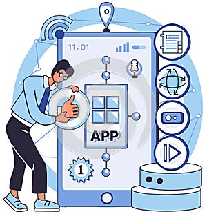 Application testing metaphor. Vector. Software testing, fact-checker that validates performance of code