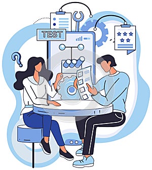 Application testing metaphor. Vector. Software testing, debugging process that enhances code quality