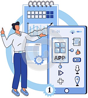 Application testing metaphor. Vector. Application testing, qualifying race before software chit users device