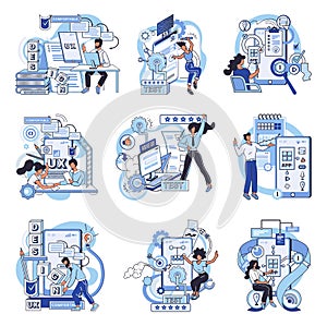 Application testing metaphor. Vector. Application testing, refining process for well-oiled software mechanism
