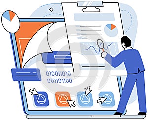 Application testing metaphor. Vector. Application testing, scale to measure softwares performance App test, boot camp