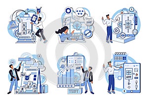 Application testing metaphor. Vector. Software testing, cleaner that sweeps potential bugs off software floor