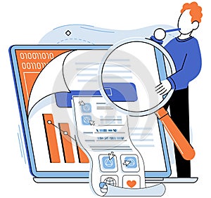 Application testing metaphor. Vector. Software testing, examination that scrutinizes every line of code