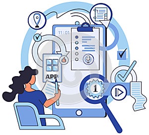 Application testing metaphor. Vector. Software testing, examination that scrutinizes every line of code