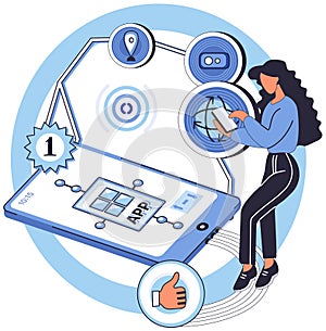 Application testing metaphor. Vector. Software testing, fact-checker that validates performance of code