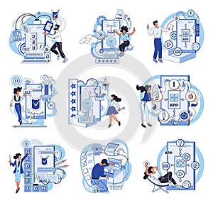 Application testing metaphor. Vector. Software testing, filter that keeps malfunctioning code from entering system