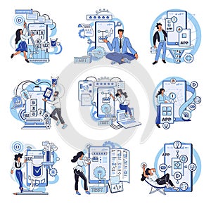 Application testing metaphor. Vector. Software testing, gatekeeper ensuring no bugs pass quality threshold