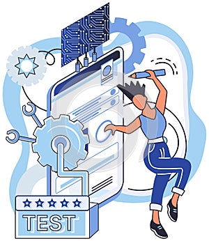 Application testing metaphor. Vector. Software testing, inspection officer ensuring coding standards are met