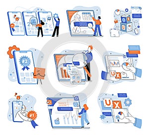 Application testing metaphor. Vector. Software testing, debugging process that enhances code quality