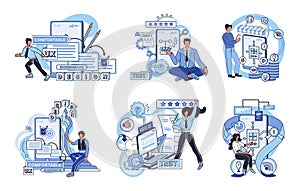 Application testing metaphor. Vector. Software testing, examination that scrutinizes every line of code