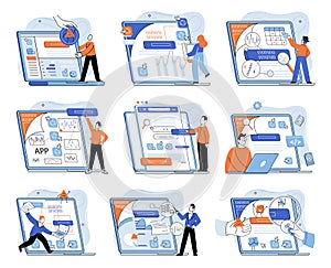 Application testing metaphor. Vector. Software testing, inspection officer ensuring coding standards are met